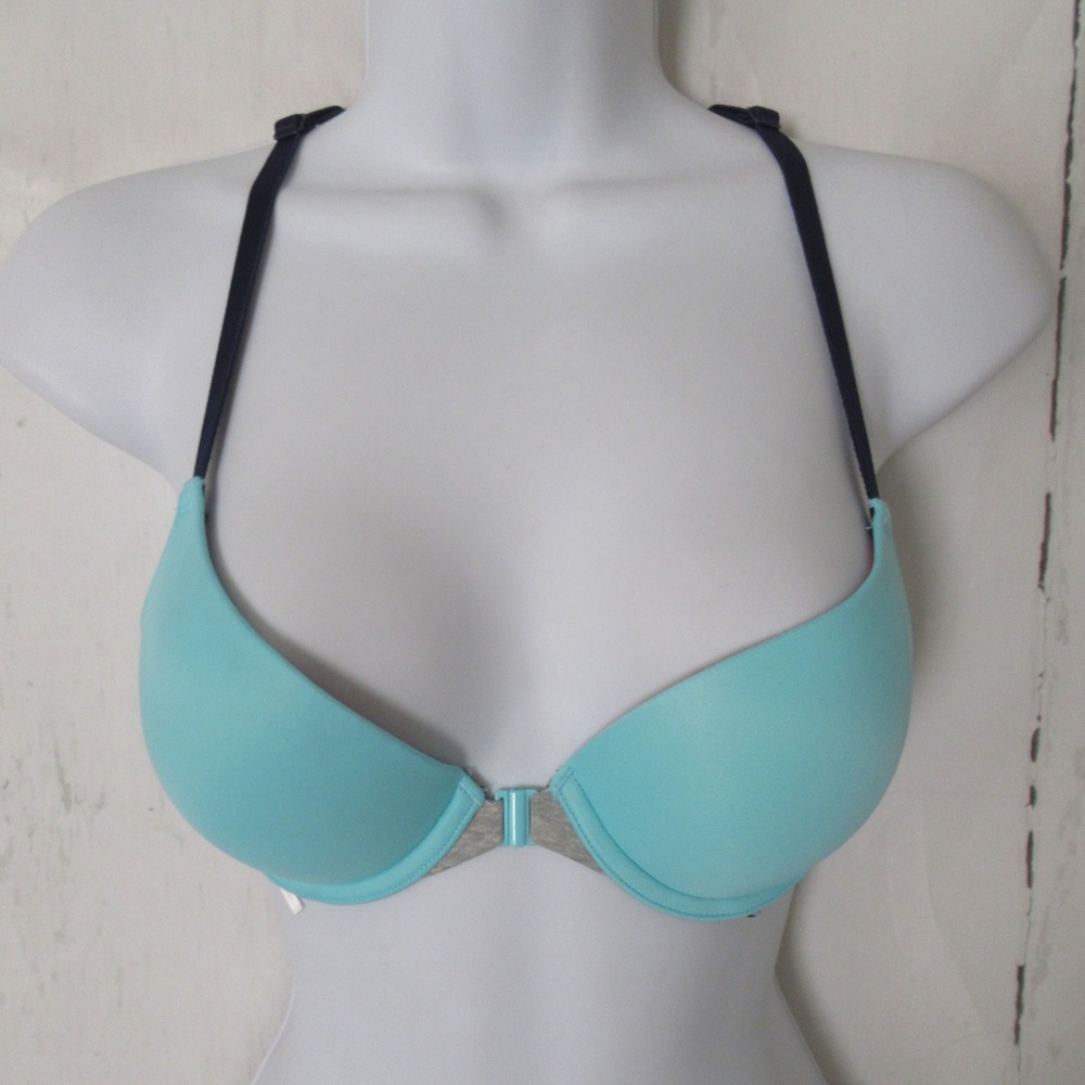 Victorias Secret PINK Bra 32A Wear Everywhere Push Up Blue Strappy Front Closure
